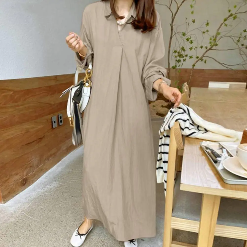 Ladies Spring Dress Loose Lapel Long Sleeve Solid Color V Neck Soft Breathable Oversized Straight Ankle Length Casual Maxi Dress