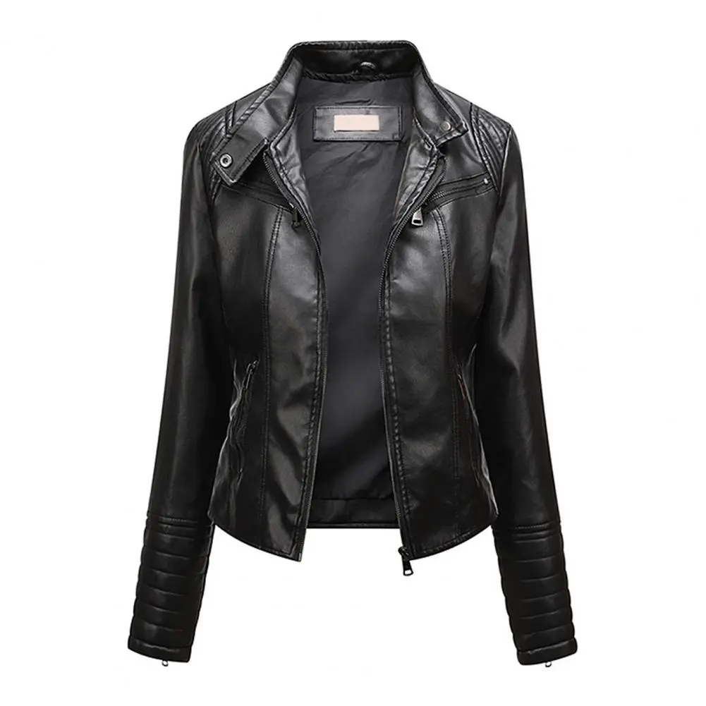 Women Leather Jacket Autumn Outwear Solid Color Slim Fit Faux Leather Jacket Stand Collar Long Sleeve Pockets Zipper Biker Coat