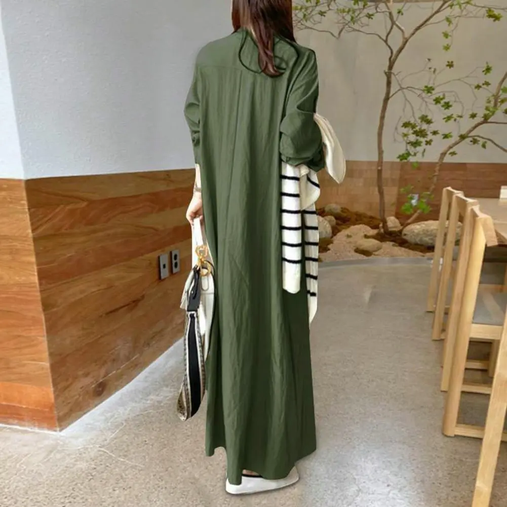 Ladies Spring Dress Loose Lapel Long Sleeve Solid Color V Neck Soft Breathable Oversized Straight Ankle Length Casual Maxi Dress