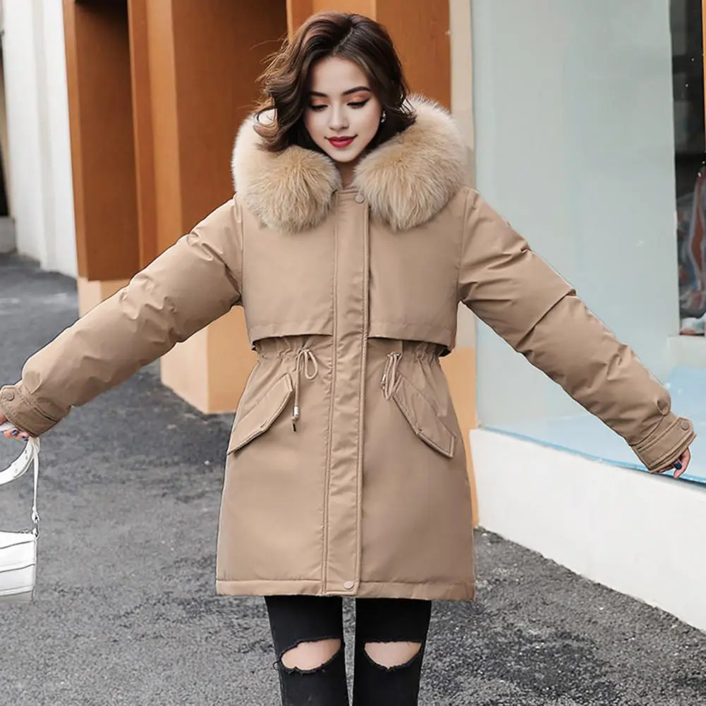 2024 Down Cotton Coat Women's Thickened Padded Parkas Plush Fur Hood Winter Cotton Coat Drawstring Trech Style Women Down Jacket