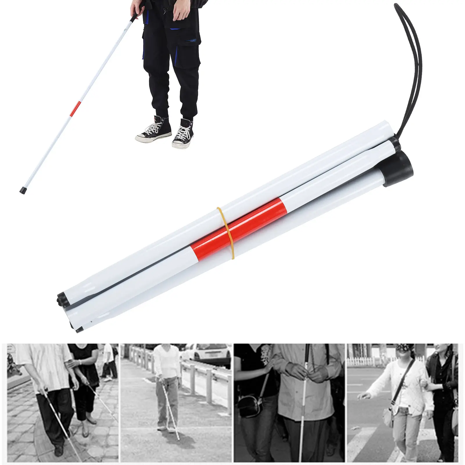 Blind Cane Stick for Visual Impaired Foldable Cane Collapsible Reflective White and Red Walking Stick for Blind Visual Impaired