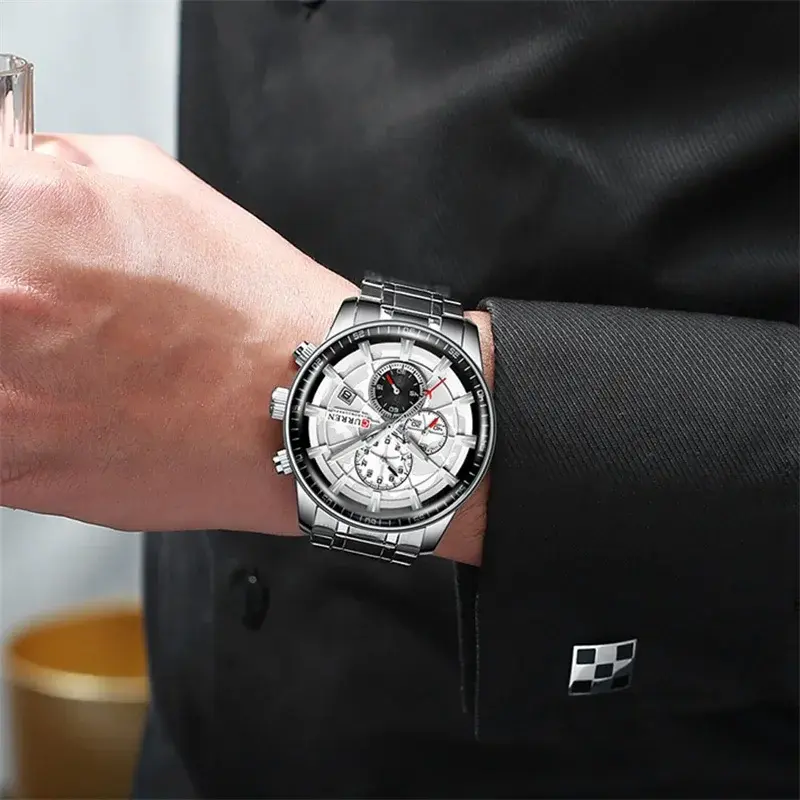 Luxury Business Men's Watches Silver Stainless Steel Waterproof Multi Function Chronograph Wrist Watches for Men Top Brand