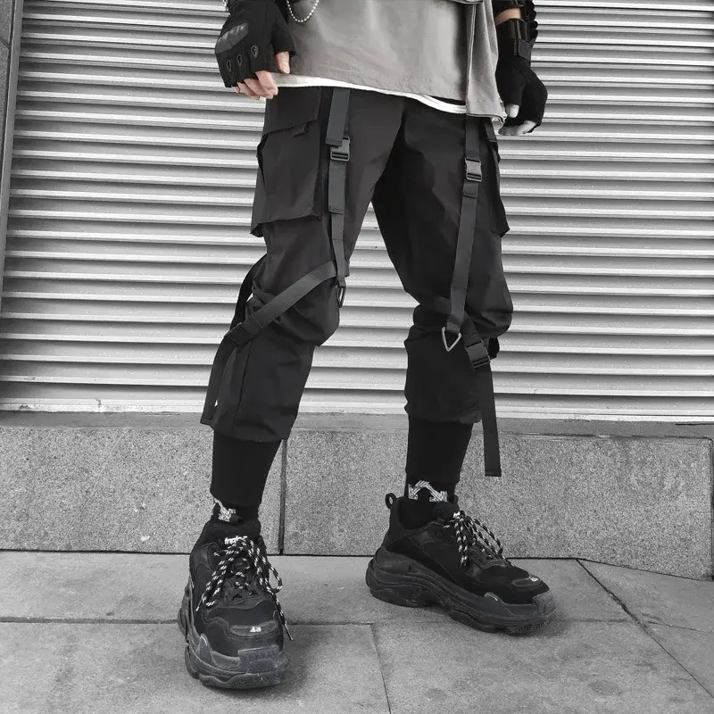 Harajuku Streetwear Techwear Men Clothing Joggers Cargo Pants for Men Fashion Ribbons Hip Hop Punk Y2k Anime Japanese Pants