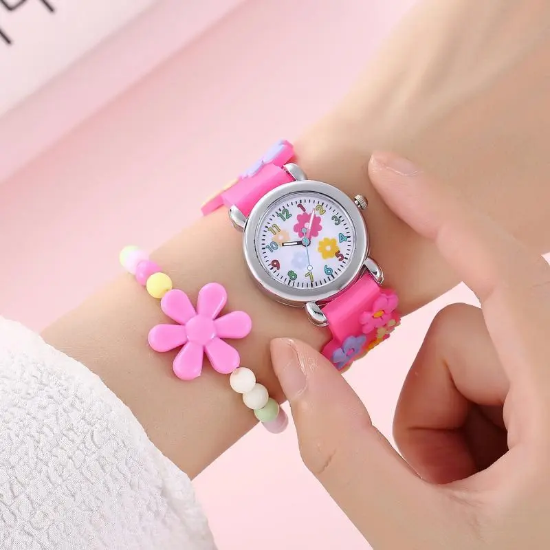 Cute Sweet Colored Flower Cartoon Watch, Pink Silicone Tape Quartz Cartoon Schoolgirl Watches Kid's Quartz Wristwatches