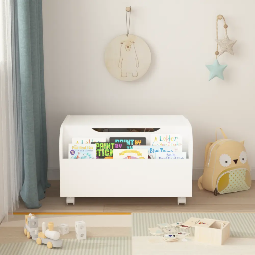 Wooden toy box with 4 universal wheels, children's toy storage box with front shelf, flap, safety hinges