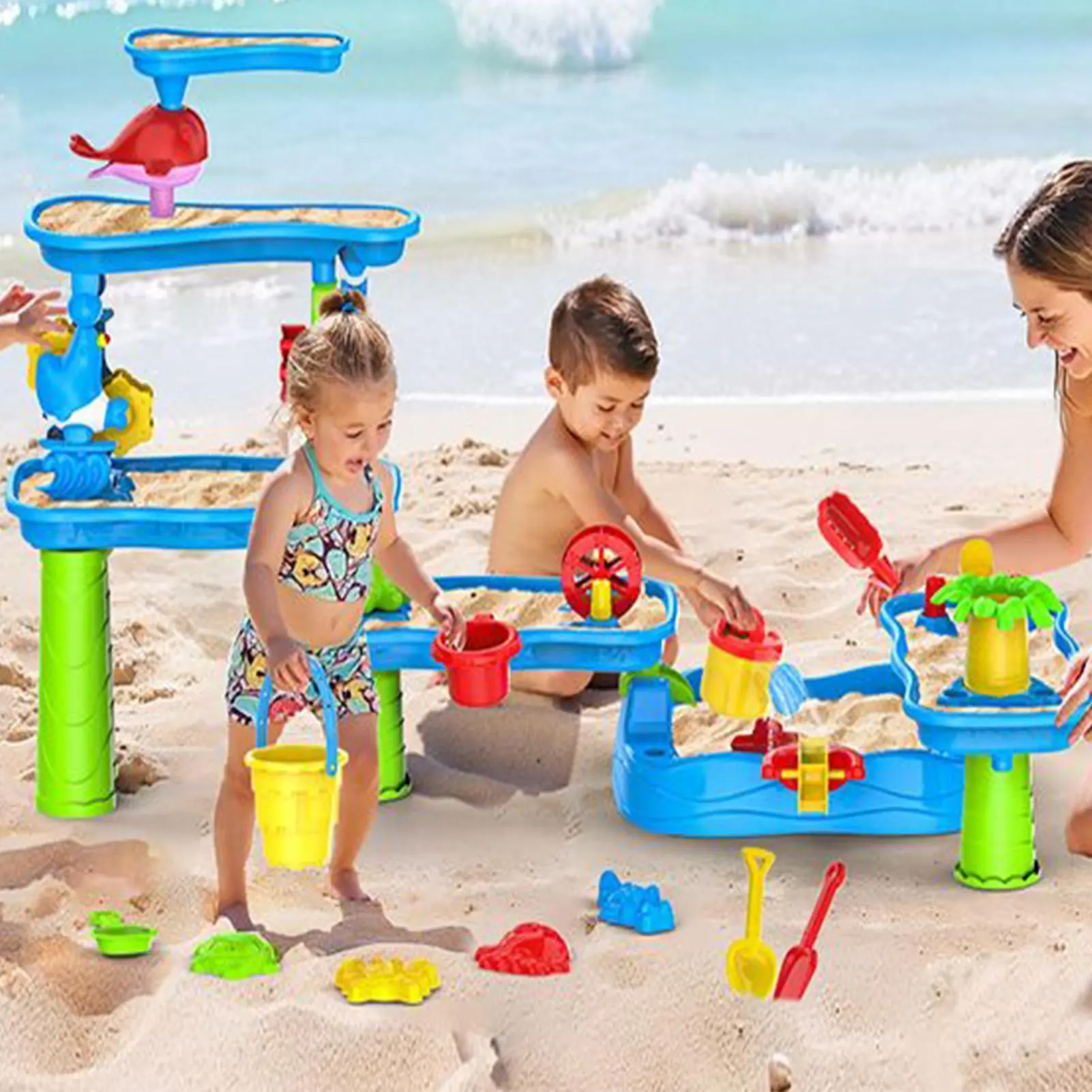 Kids Water Table 6-Tier Water Sand Play Table Rotatable Activity Pool 13 Pieces Toy Accessories for Kids Ages 3-8 Birthday Gifts