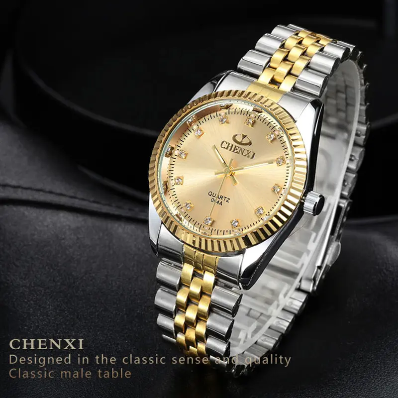 CHENXI Luxury Men Watch Silver Between the Gold Rhinestone Lover's Wristwatch Nail Strap Classic Retro Man Women Business Watch