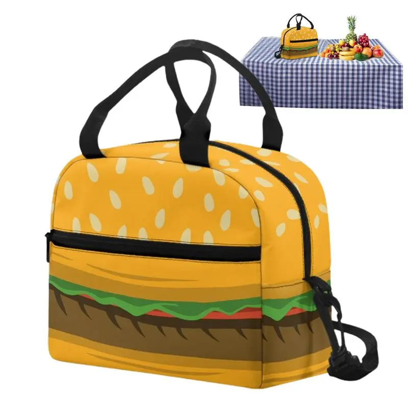 Cute Hamburger Print Lunch Bag Colorful Reusable Lunch Box Small Leakproof Food Lunch Containers Detachable Shoulder Strap Bag