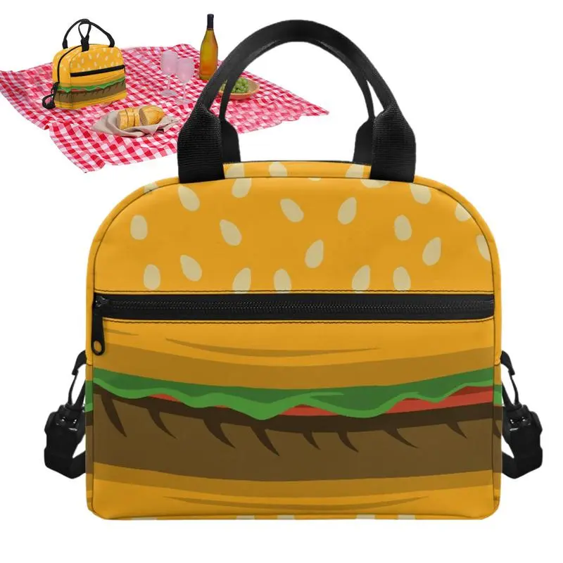 Cute Hamburger Print Lunch Bag Colorful Reusable Lunch Box Small Leakproof Food Lunch Containers Detachable Shoulder Strap Bag