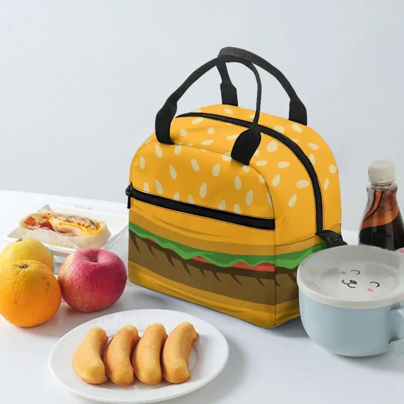 Cute Hamburger Print Lunch Bag Colorful Reusable Lunch Box Small Leakproof Food Lunch Containers Detachable Shoulder Strap Bag