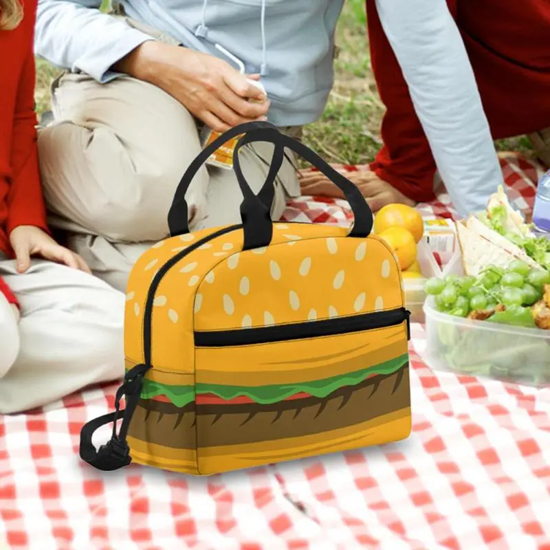 Cute Hamburger Print Lunch Bag Colorful Reusable Lunch Box Small Leakproof Food Lunch Containers Detachable Shoulder Strap Bag