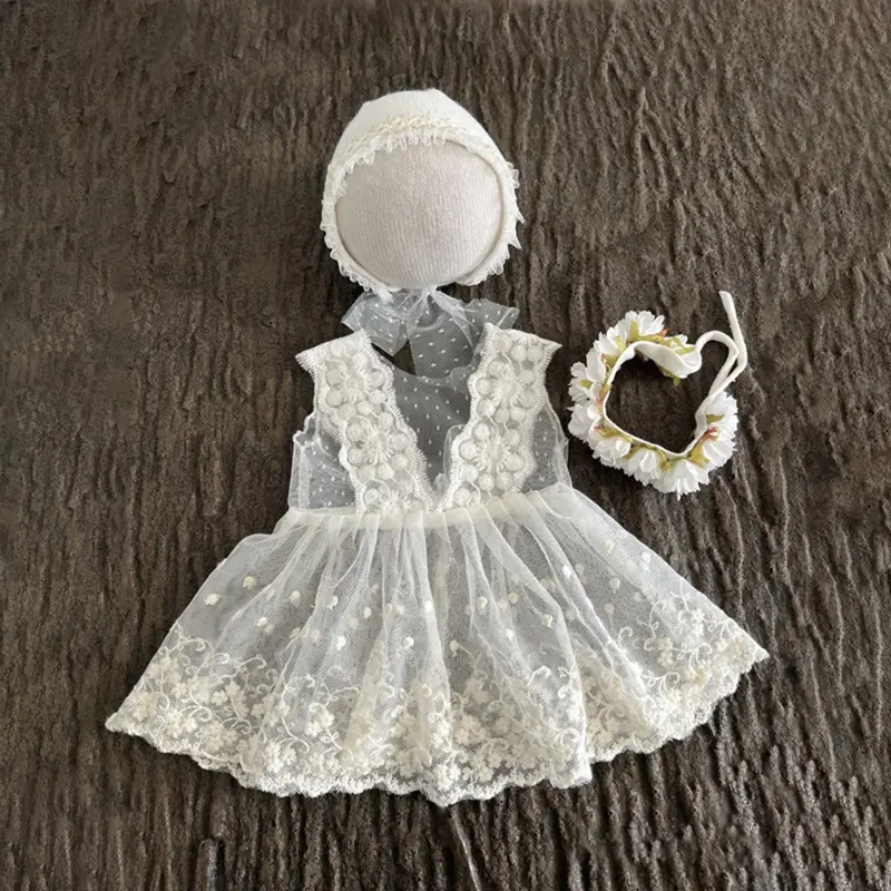Newborn Baby Lace Dress Photography Prop Costume Headbands Hat 1 Month Princess Clothes Props Accessories Outfit Set for BABY