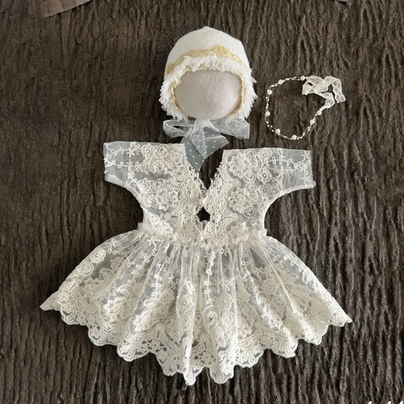 Newborn Baby Lace Dress Photography Prop Costume Headbands Hat 1 Month Princess Clothes Props Accessories Outfit Set for BABY