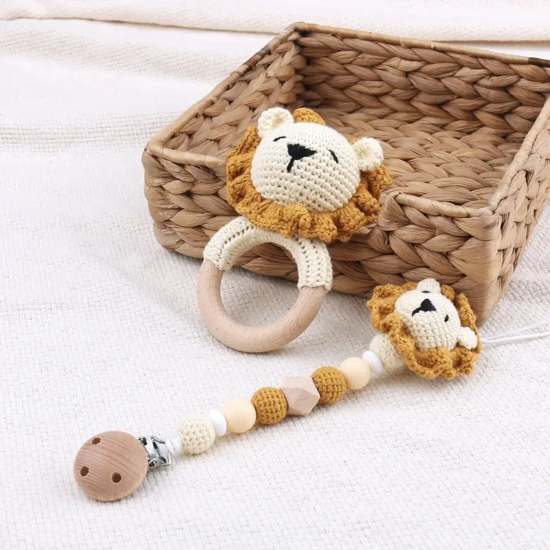Baby Pacifier Clip Crochet-Lion  Chewable Teething Bracelet Soother Chain Boy Girl Teether Infant Shower Gift