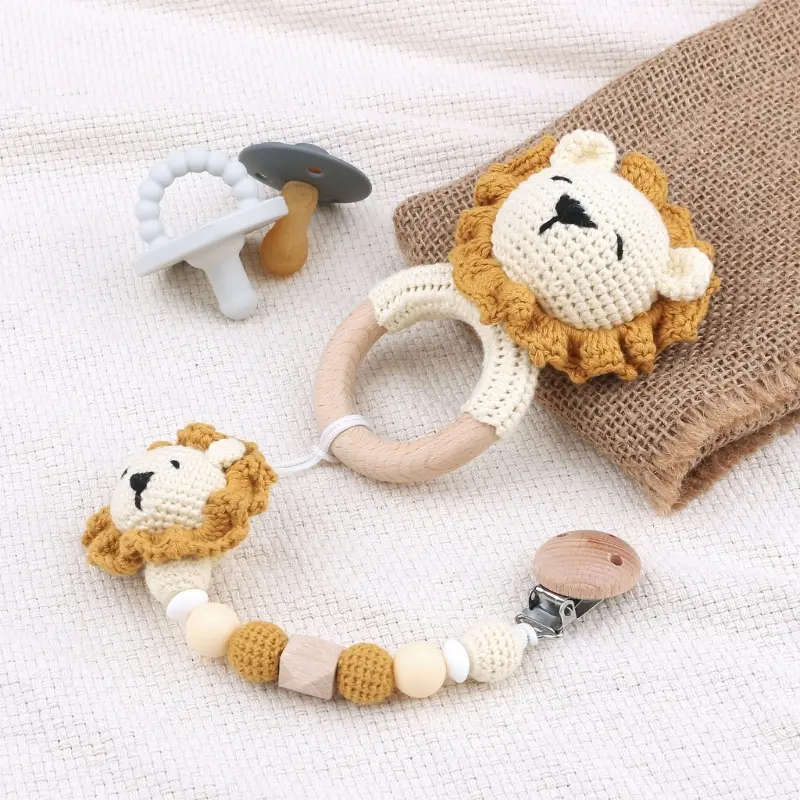 Baby Pacifier Clip Crochet-Lion  Chewable Teething Bracelet Soother Chain Boy Girl Teether Infant Shower Gift