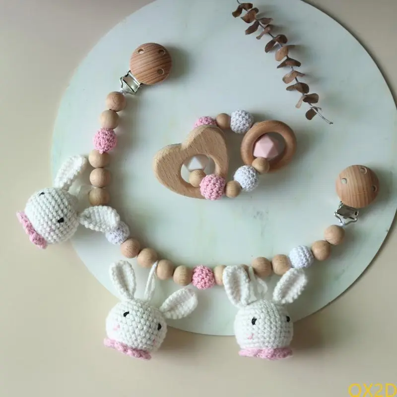 Baby Pram Stroller Hanging Pendant Rattle Pacifier Chain Clip Infants Wooden Teether Bracelet Nursing Chewing
