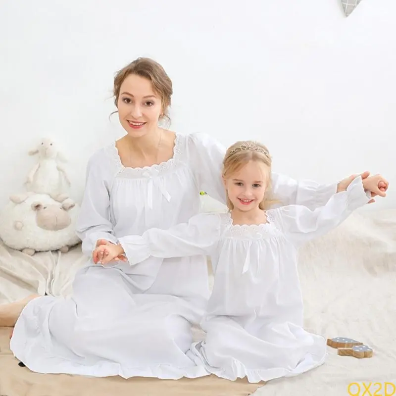 Girls Breathable Cotton Princess Nightdress Adult Mother Sleep Dress Nightgown