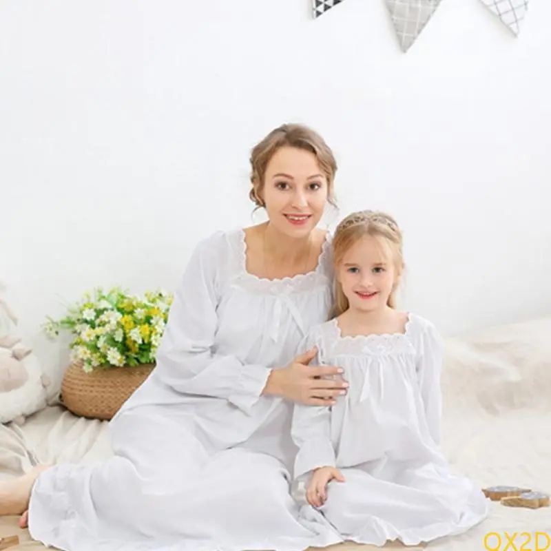 Girls Breathable Cotton Princess Nightdress Adult Mother Sleep Dress Nightgown
