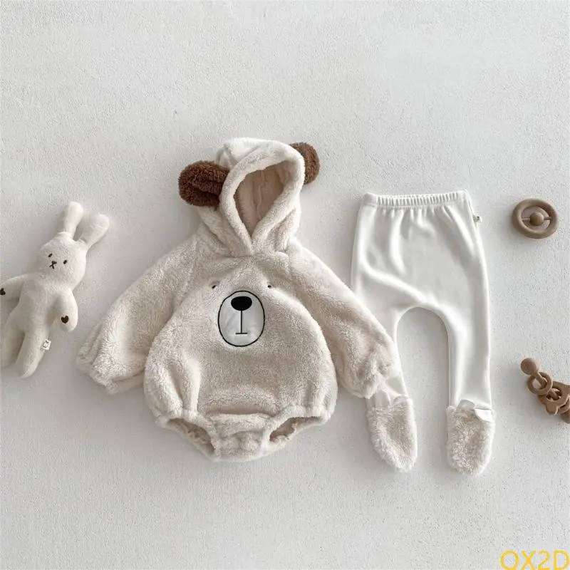 Cartoon Bear Baby Outfit for Cold Season Cosy Hooded Romper Convenient Bodysuit