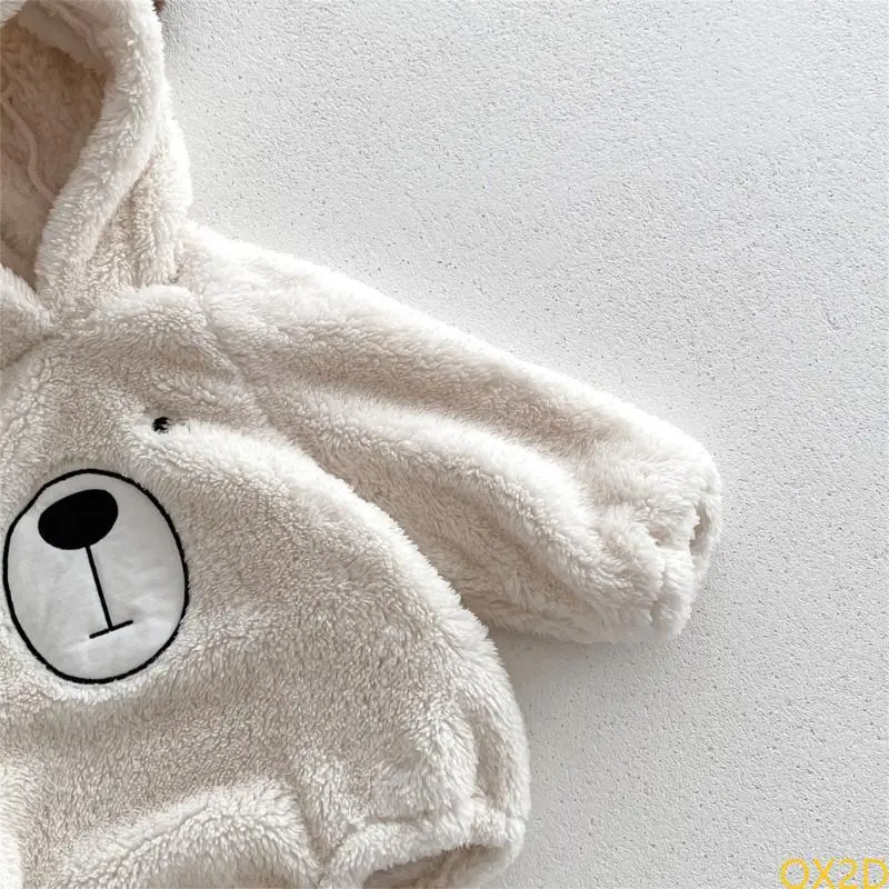 Cartoon Bear Baby Outfit for Cold Season Cosy Hooded Romper Convenient Bodysuit