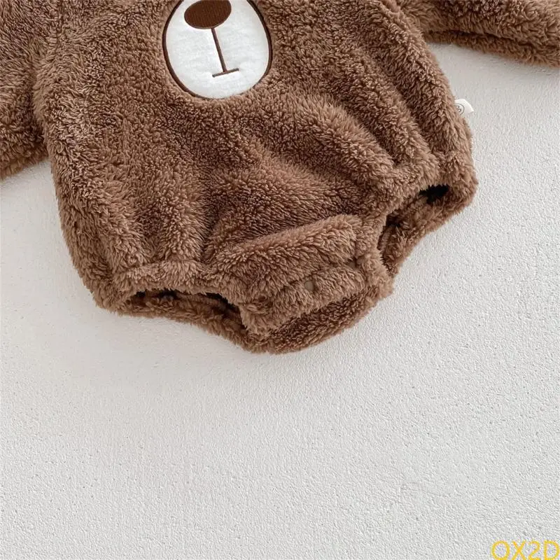 Cartoon Bear Baby Outfit for Cold Season Cosy Hooded Romper Convenient Bodysuit