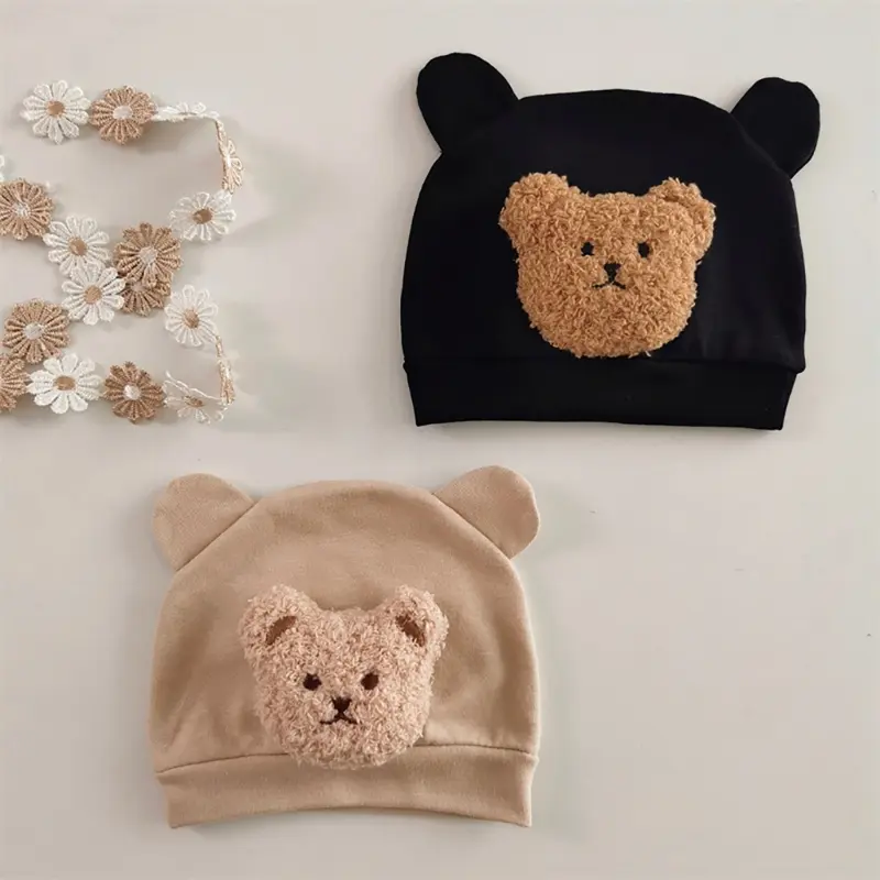 Infant Beanies Caps Baby Hat Cartoon Bear Boneless Muslin Hat Newborn Headwear Windproof Spring Hat 0-3M Baby Hats Dropshipping