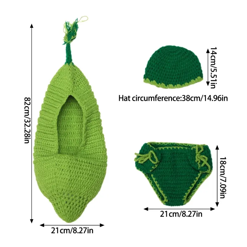 3Pcs Baby Photo Shoots Costume Set, Bean Shaped Sleep Bag Hat and Diaper Shorts for Newborns 0-3 Months