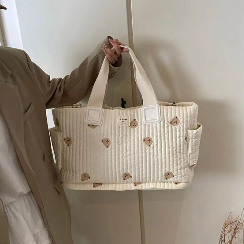 Large Capacity Mom Bag Handbag for Easy Storage Baby Bottles and Diapers with Embroidered Designing