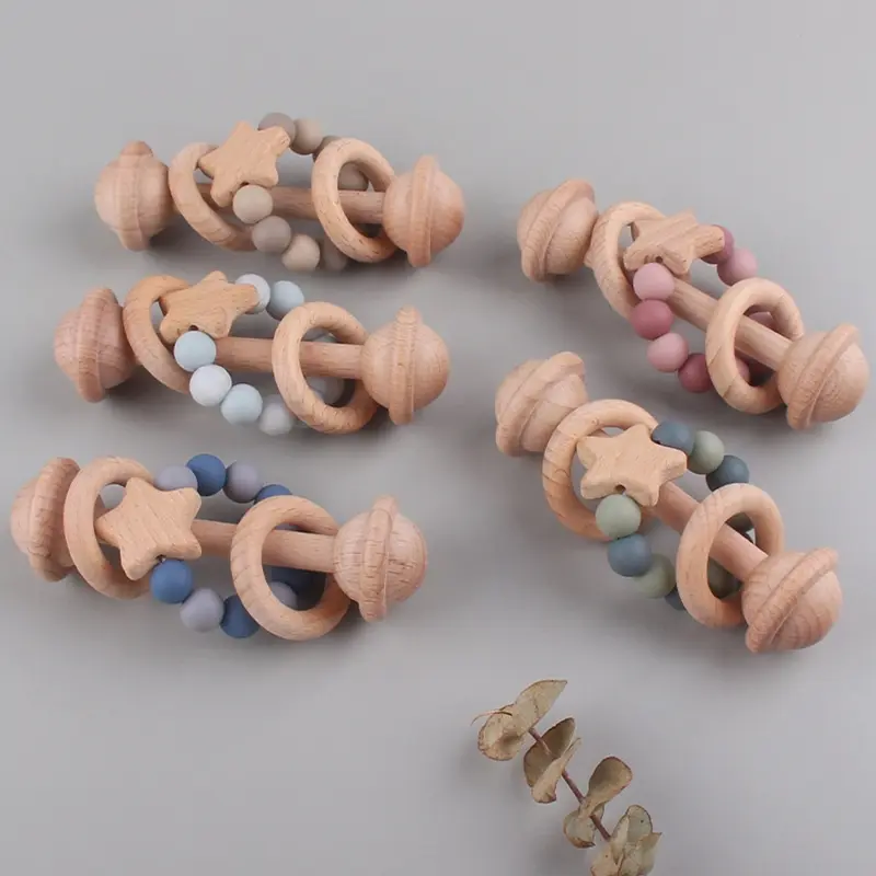 Baby Handshake Bell Wooden Teether Rattle with Bead Ring Star Early Learning Teething Toy for Infant 2M Crib Accessories