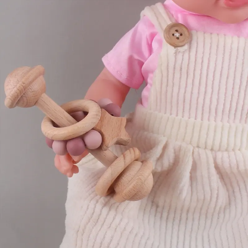 Baby Handshake Bell Wooden Teether Rattle with Bead Ring Star Early Learning Teething Toy for Infant 2M Crib Accessories