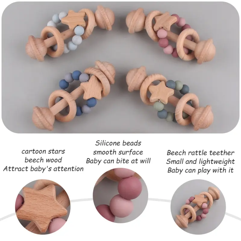 Baby Handshake Bell Wooden Teether Rattle with Bead Ring Star Early Learning Teething Toy for Infant 2M Crib Accessories
