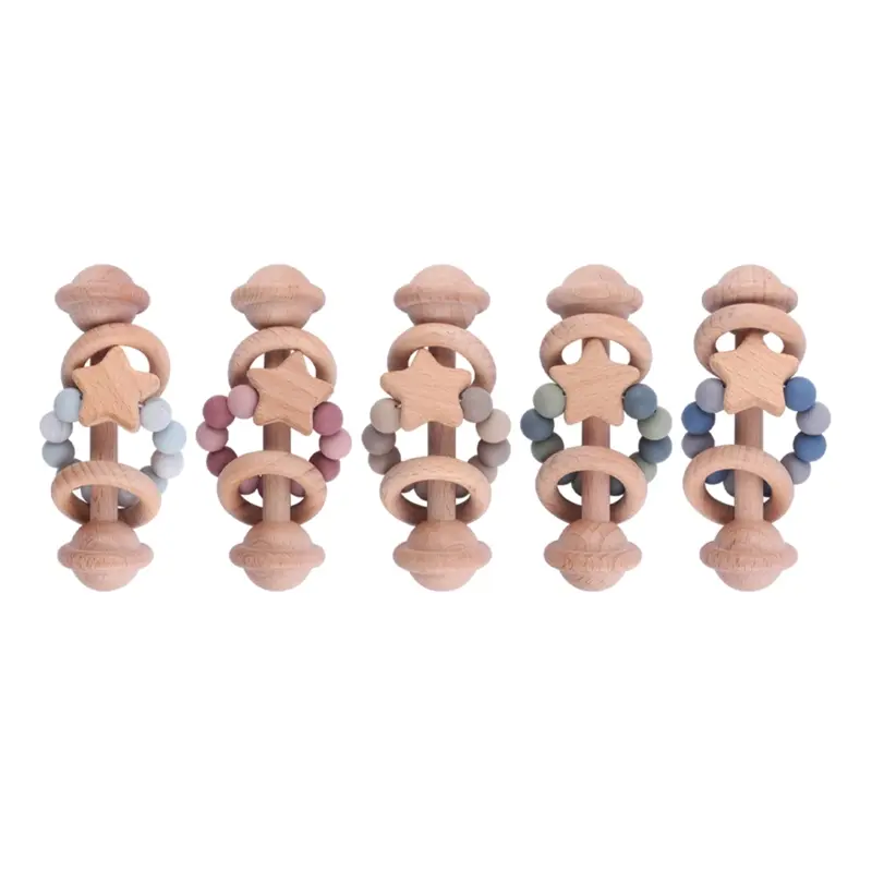 Baby Handshake Bell Wooden Teether Rattle with Bead Ring Star Early Learning Teething Toy for Infant 2M Crib Accessories