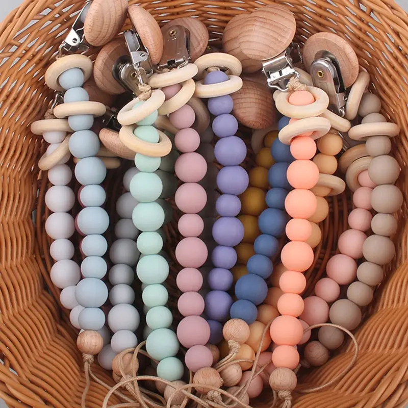 Baby Pacifier Chain Clip Nursing Teether Soother Holder Silicone Beads Chain Wooden Clip DIY Dummy Nipple Holder Leash Dropship