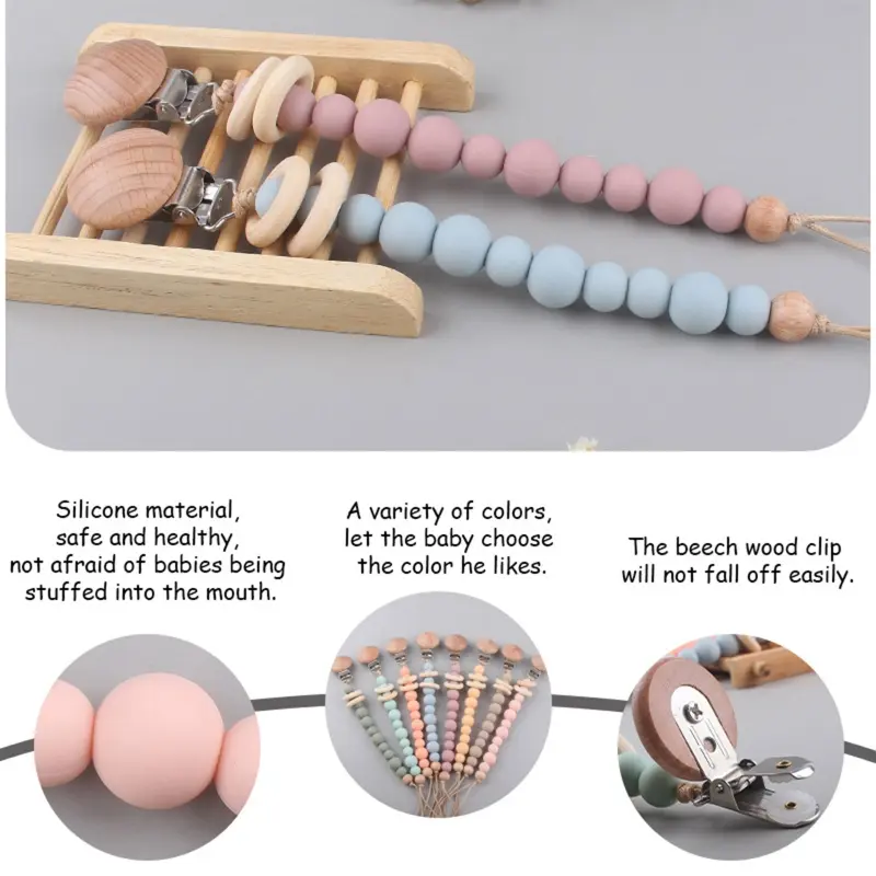 Baby Pacifier Chain Clip Nursing Teether Soother Holder Silicone Beads Chain Wooden Clip DIY Dummy Nipple Holder Leash Dropship
