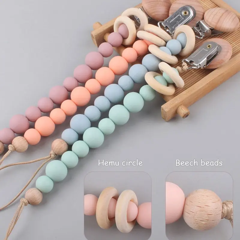 Baby Pacifier Chain Clip Nursing Teether Soother Holder Silicone Beads Chain Wooden Clip DIY Dummy Nipple Holder Leash Dropship