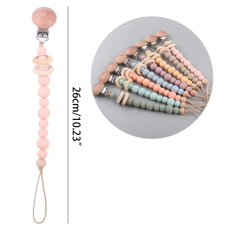 Baby Pacifier Chain Clip Nursing Teether Soother Holder Silicone Beads Chain Wooden Clip DIY Dummy Nipple Holder Leash Dropship