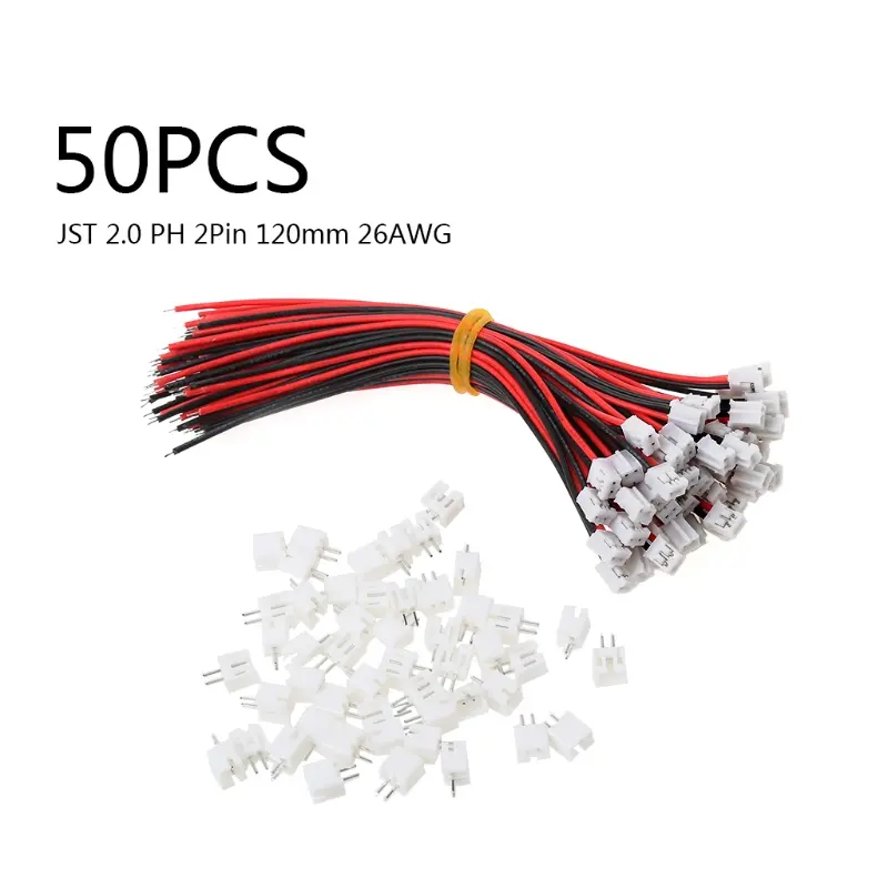 50 SETS Mini Micro JST 2.0 PH 2-Pin Connector Plug with Wires Cables 120MM 26AWG Dropshipping
