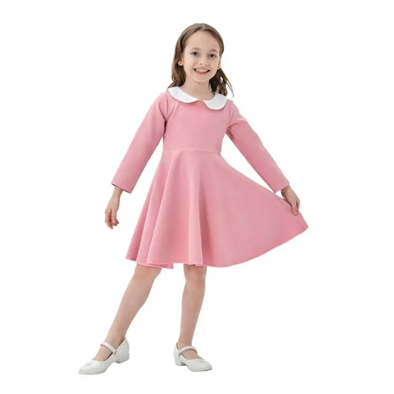 QX2D Comfortable Long Sleeved Dress For Girls Parties And Daily Activity Solid Color