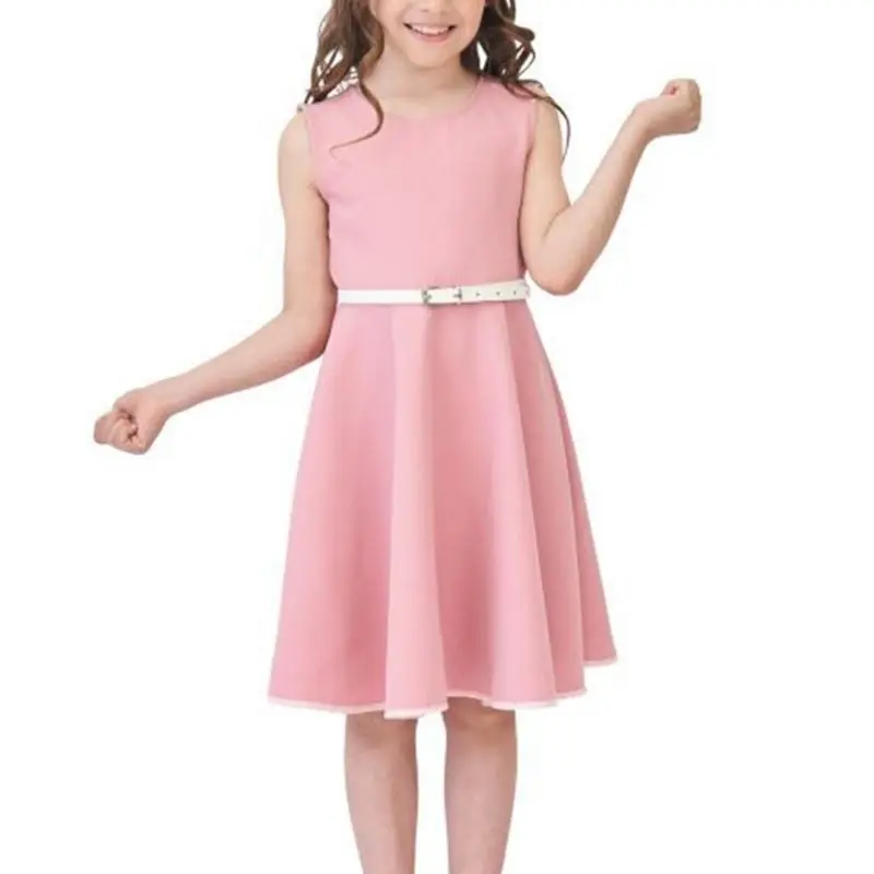 Girls Sleeveless Dress Round Neckline Solid Color A-line Dress for School Daily