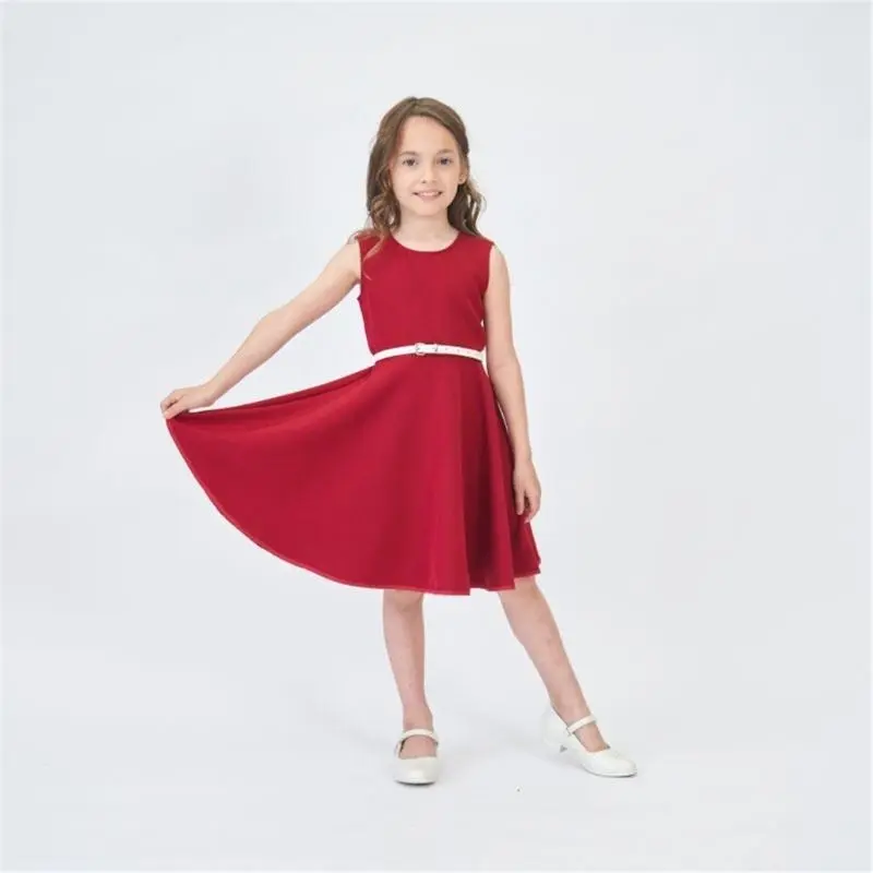 Girls Sleeveless Dress Round Neckline Solid Color A-line Dress for School Daily