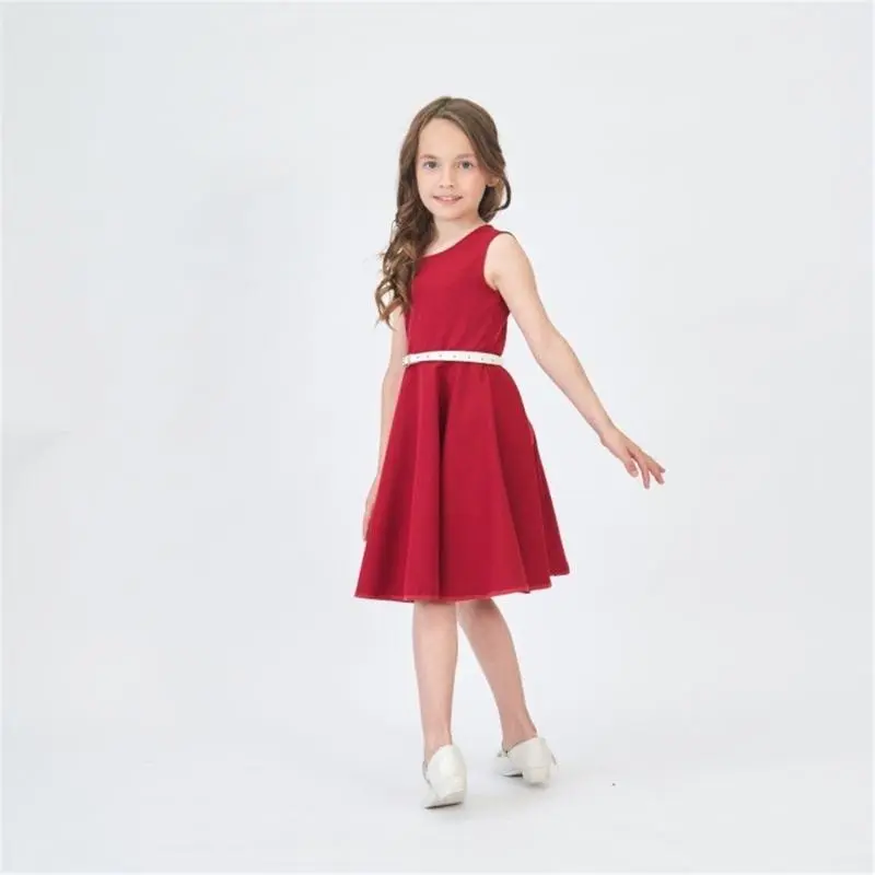 Girls Sleeveless Dress Round Neckline Solid Color A-line Dress for School Daily