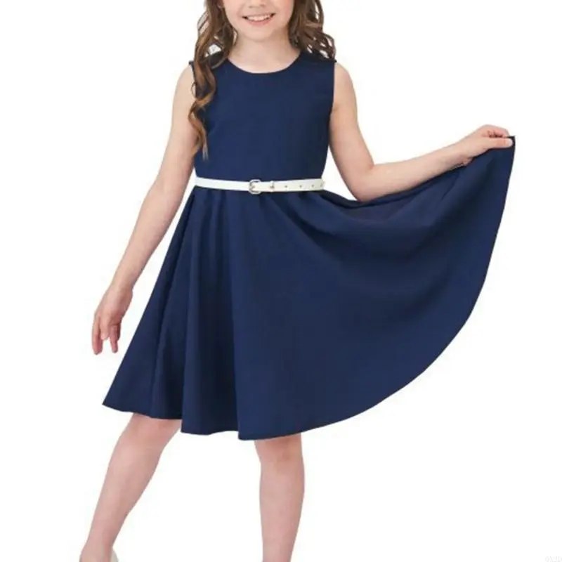 QX2D Comfortable Sleeveless Dress For Girls Parties And Daily Activity Solid Color