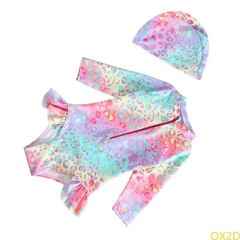 QX2D Girls UPF50+ Sun Protections Swimsuit Long Sleeve Bathing Suit Fish Scale Print Beach Outfit with Ruffle Detailing