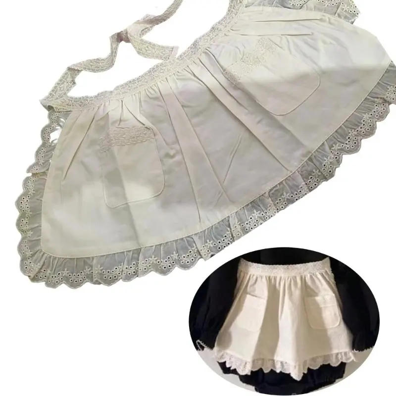 QX2D Adorable Baby Girls Skirt Decorative Apron with Double Pockets and Lace Accent