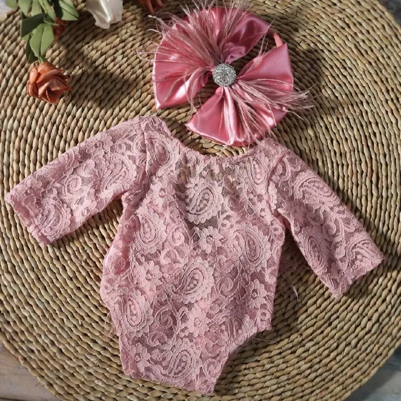 Lace Romper Set Delicate Lace Romper with Headband for Newborn Photography Includes Headband for 0 to 6 Month Old Baby