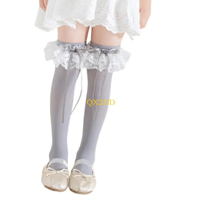 QX2D 1 Pair Girls Ballet Ribbon Trim Socks Knee Length Socks Breathable School Daily