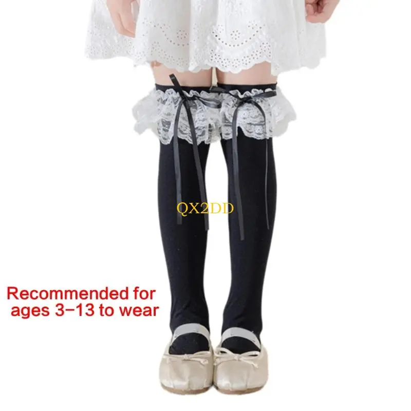 QX2D 1 Pair Girls Ballet Ribbon Trim Socks Knee Length Socks Breathable School Daily