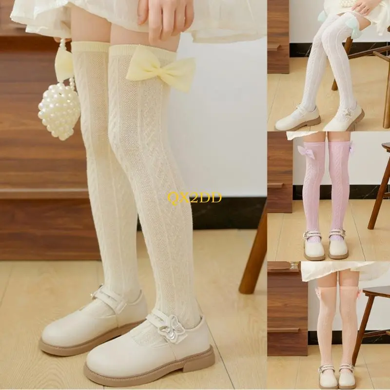 Nonslip Over Knee Socks for Girls Soft Cotton Blend Decorative Lace and Bowknot Detail Comfortable Daily Wear