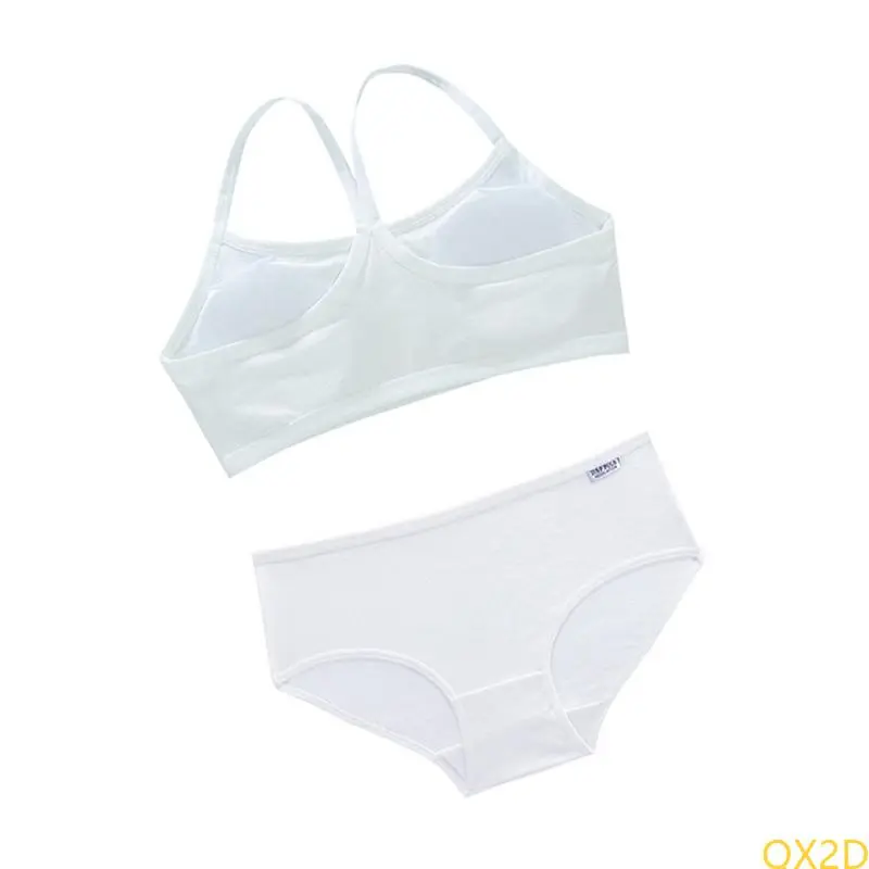 QX2D Comfortable Breathable Kids Camisole Bra Soft Fabric with Underpants Set for Girls 6-12T without Steel Rings Design