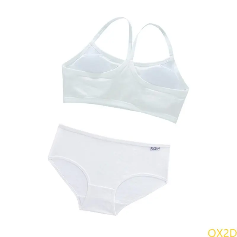 QX2D Comfortable Breathable Kids Camisole Bra Soft Fabric with Underpants Set for Girls 6-12T without Steel Rings Design
